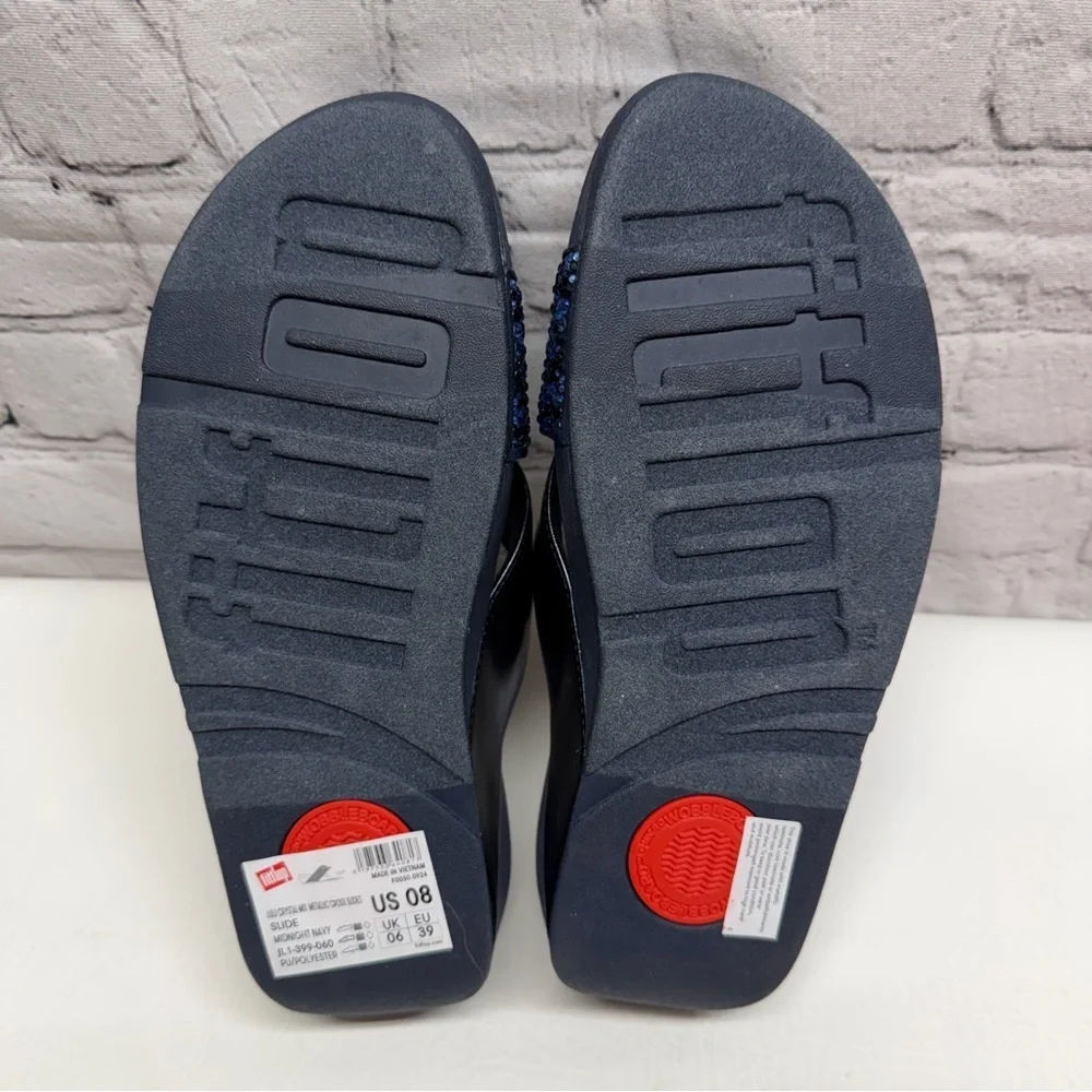 Fitflop Lulu  Navy Blue Beaded Crisscross Slide Sandals size 8 NWOT